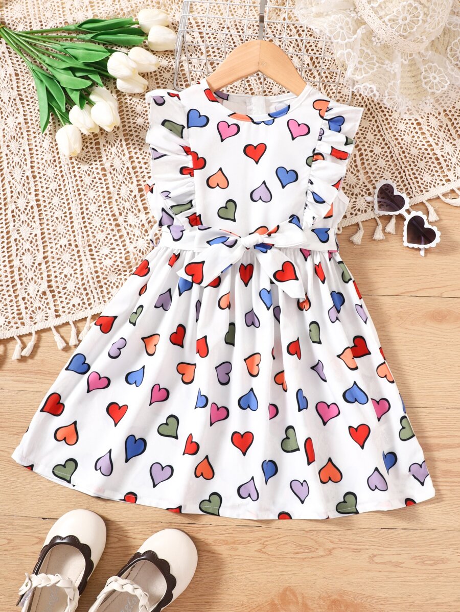 小女童愛心圖案荷葉邊連衣裙 - 白色 - 查看 1