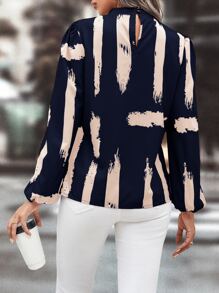 SHEIN Clasi Graphic Print Mock Neck Lantern Sleeve Blouse - Navy Blue - View 2