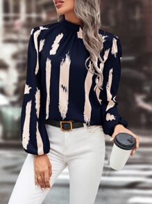 SHEIN Clasi Graphic Print Mock Neck Lantern Sleeve Blouse - Navy Blue - View 3
