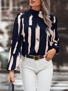 SHEIN Clasi Graphic Print Mock Neck Lantern Sleeve Blouse - Navy Blue - View 4