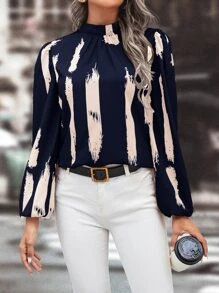 SHEIN Clasi Graphic Print Mock Neck Lantern Sleeve Blouse - Navy Blue - View 5