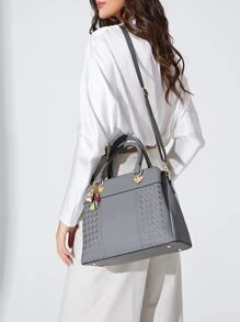 Yogodlns Stitch Detail Tote Bag With Random Colour Tassel Bag Charm - Grey - View 2