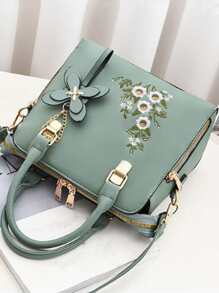 Yogodlns Elegant Old Money Large Capacity, Lightweight, Portable Casual, Fashion Elegant Floral Pattern Handbag, Women's Fashion Artificial Leather Shoulder Bag, Double Handle Purse Floral Embroidery Square Bag With Floral Bag Charm, Mother's Day Gift For Mom For Girls, Women, College Students, Rookies & White-Collar Workers For Fall, Winter Essential, For Work, Office, Commute, College, For Autumn & Winter, Outdoors Women's Elegant Embroidered Tote Bag, Faux Leather Satchel Bag, Classic Zipper Shoulder BagBusiness Casual,Classic,CasualPerfect For Office,Work ,Business,Commute - Mint Green - View 5