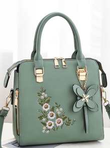 Yogodlns Elegant Old Money Large Capacity, Lightweight, Portable Casual, Fashion Elegant Floral Pattern Handbag, Women's Fashion Artificial Leather Shoulder Bag, Double Handle Purse Floral Embroidery Square Bag With Floral Bag Charm, Mother's Day Gift For Mom For Girls, Women, College Students, Rookies & White-Collar Workers For Fall, Winter Essential, For Work, Office, Commute, College, For Autumn & Winter, Outdoors Women's Elegant Embroidered Tote Bag, Faux Leather Satchel Bag, Classic Zipper Shoulder BagBusiness Casual,Classic,CasualPerfect For Office,Work ,Business,Commute - Mint Green - View 6
