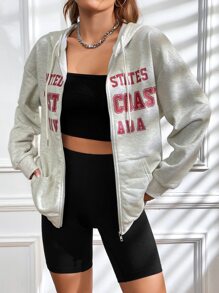 SHEIN EZwear 字母圖案拉鏈開襟落肩袖連帽衫