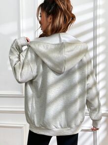 SHEIN EZwear 字母圖案拉鏈開襟落肩袖連帽衫