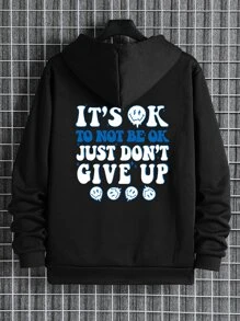 Men Cartoon & Slogan Graphic Zip Up Thermal Lined Drawstring Hoodie - Black - View 1