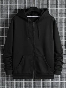 Men Cartoon & Slogan Graphic Zip Up Thermal Lined Drawstring Hoodie - Black - View 2