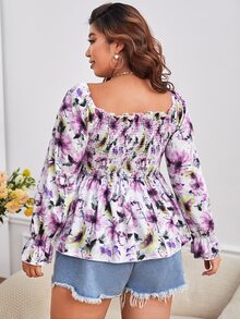 SHEIN VCAY Plus Floral Print Flounce Sleeve Peplum Blouse - Multicolor - View 2