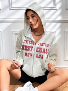 SHEIN EZwear 字母圖案拉鏈開襟落肩袖連帽衫