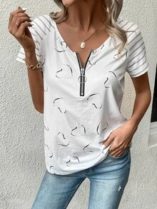 SHEIN LUNE 愛心圖案半拉鏈T恤 - 白色 - 查看 5