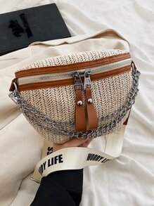 Mini Fashionable Shopping Crocodile Pattern Solid Color Chain Wide Strap Shoulder Saddle Bag Waist Bag With Letter Print, For Casual And Holiday Outings - Beige - View 1