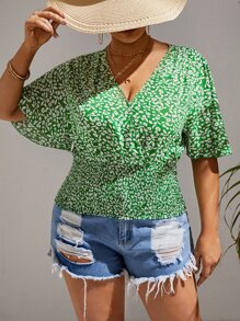 SHEIN VCAY Plus Ditsy Floral Butterfly Sleeve Blouse - Multicolor - View 1