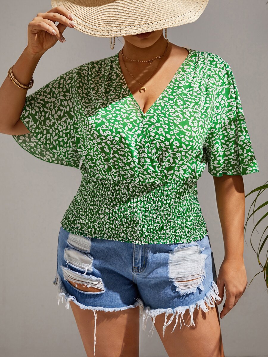 SHEIN VCAY Plus Ditsy Floral Butterfly Sleeve Blouse - Multicolor - View 1