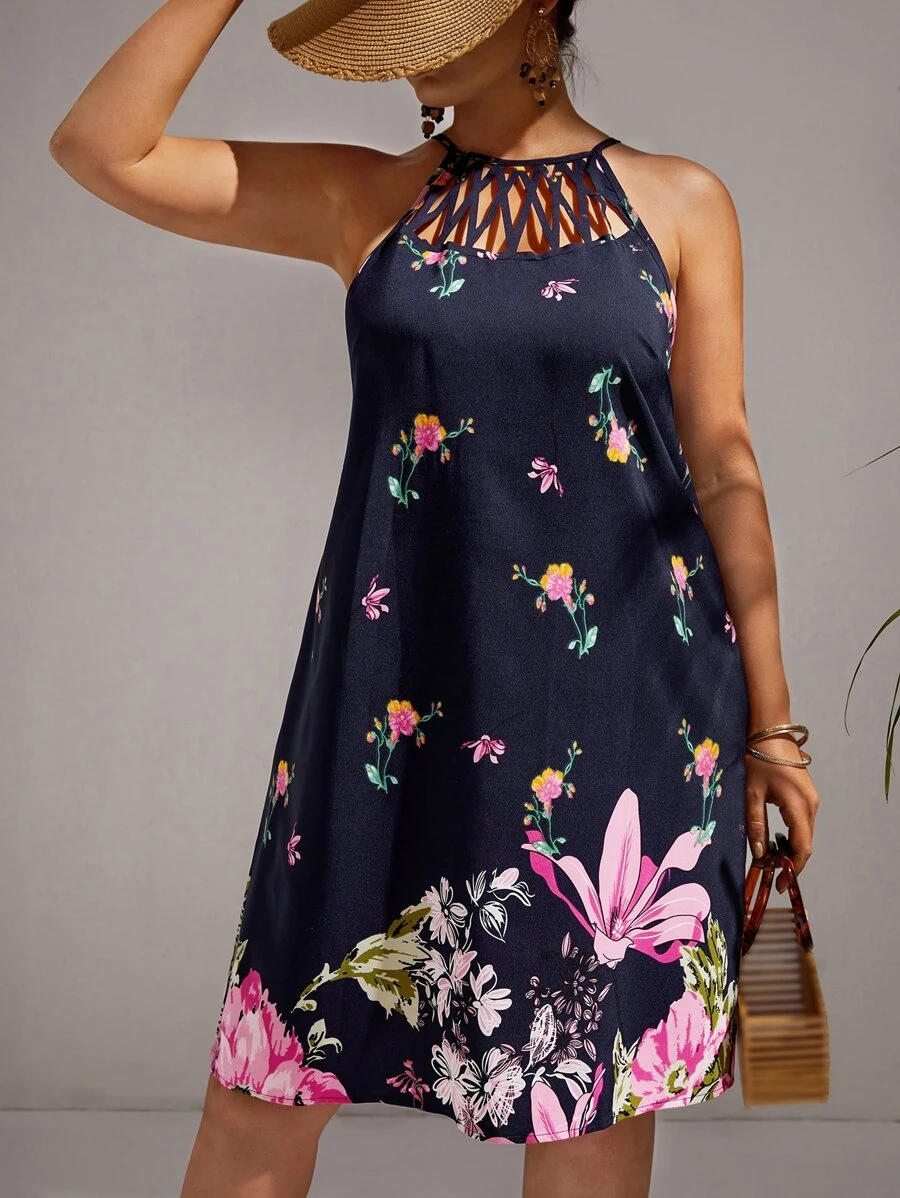 SHEIN VCAY Plus Floral Print Cutout Halter Neck Dress - Navy Blue - View 1