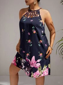 SHEIN VCAY Plus Floral Print Cutout Halter Neck Dress - Navy Blue - View 3