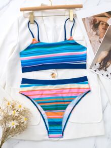 Striped High Waisted Summer Beach Bikini Set - Multicolor - View 3