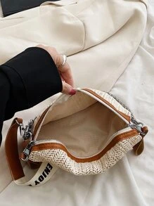 Mini Fashionable Shopping Crocodile Pattern Solid Color Chain Wide Strap Shoulder Saddle Bag Waist Bag With Letter Print, For Casual And Holiday Outings - Beige - View 5