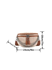 Mini Fashionable Shopping Crocodile Pattern Solid Color Chain Wide Strap Shoulder Saddle Bag Waist Bag With Letter Print, For Casual And Holiday Outings - Beige - View 6