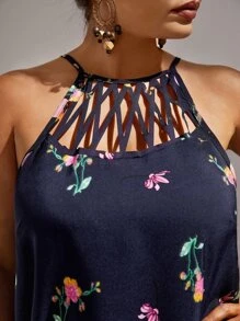 SHEIN VCAY Plus Floral Print Cutout Halter Neck Dress - Navy Blue - View 6