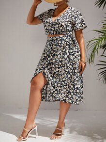 SHEIN VCAY 大碼碎花短款上衣和圍裹側繫帶半身裙 - 彩色 - 查看 5
