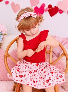 Baby Ruffle Trim Bodysuit & Heart Print Skirt With Accessory Headband - Multicolor - View 4