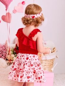 Baby Ruffle Trim Bodysuit & Heart Print Skirt With Accessory Headband - Multicolor - View 5
