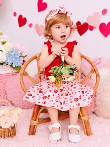 Baby Ruffle Trim Bodysuit & Heart Print Skirt With Accessory Headband - Multicolor - View 3