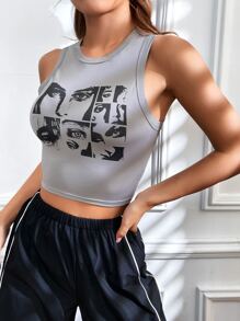 SHEIN Coolane Figure Graphic Crop Tank Top - Grey - View 5