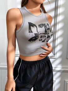 SHEIN Coolane Figure Graphic Crop Tank Top - Grey - View 1