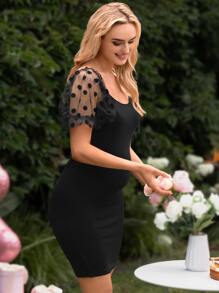 SHEIN Maternity Contrast Dobby Mesh Puff Sleeve Bodycon Dress - Black - View 1