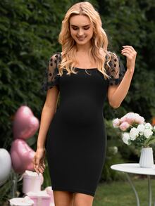 SHEIN Maternity Contrast Dobby Mesh Puff Sleeve Bodycon Dress - Black - View 4