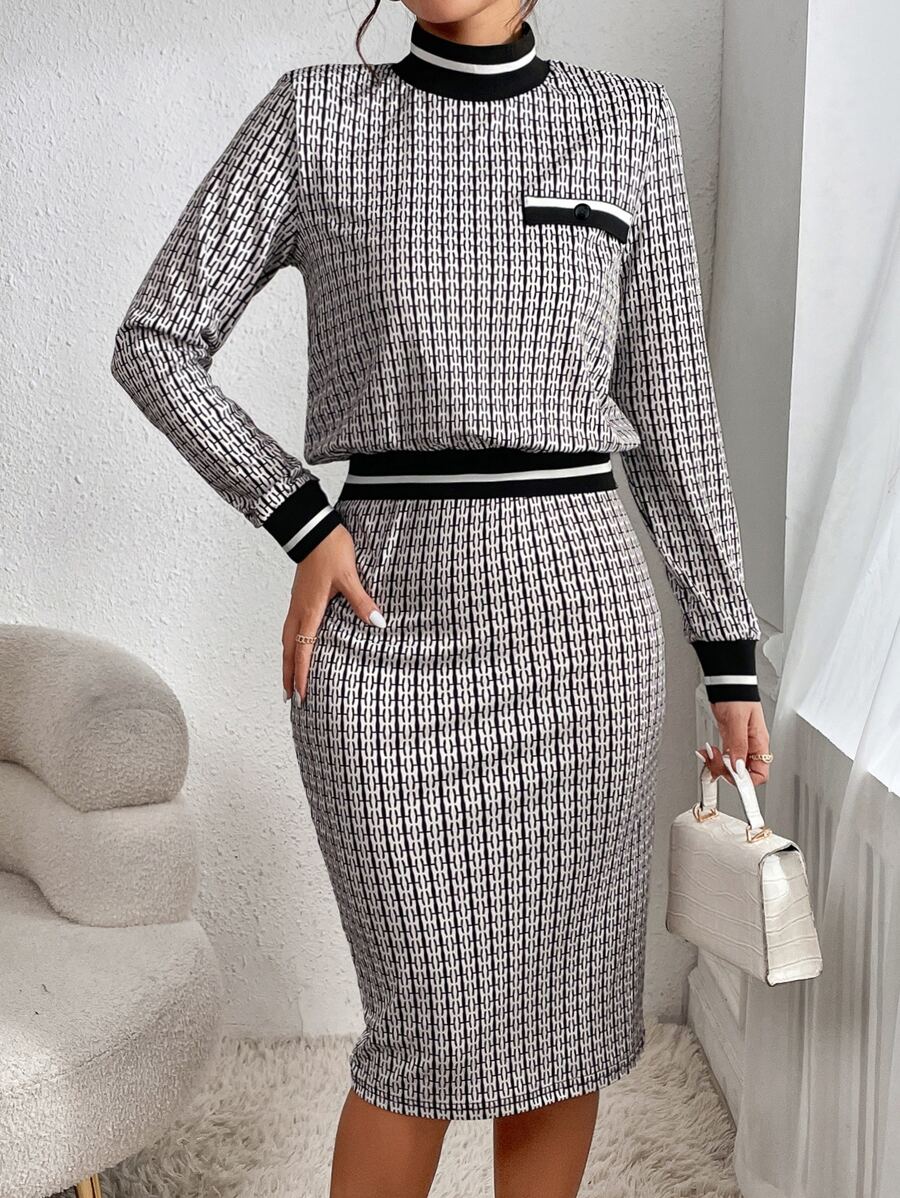 SHEIN Privé 滿版印花條紋拼接邊小高領運動衫和裙子 - 黑與白 - 查看 1