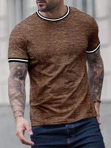 Manfinity Homme 男士條紋拼接邊T恤 - 棕色 - 查看 1