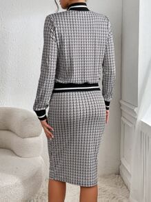 SHEIN Privé 滿版印花條紋拼接邊小高領運動衫和裙子 - 黑與白 - 查看 2