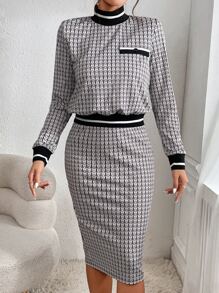 SHEIN Privé 滿版印花條紋拼接邊小高領運動衫和裙子 - 黑與白 - 查看 5