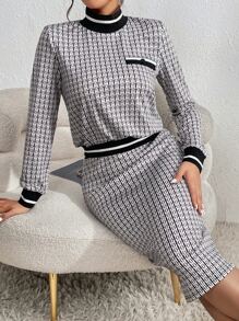 SHEIN Privé 滿版印花條紋拼接邊小高領運動衫和裙子 - 黑與白 - 查看 6