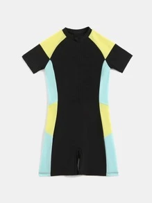 Chicos Bañador una pieza de color combinado con cremallera delantera - Negro - Ver 1