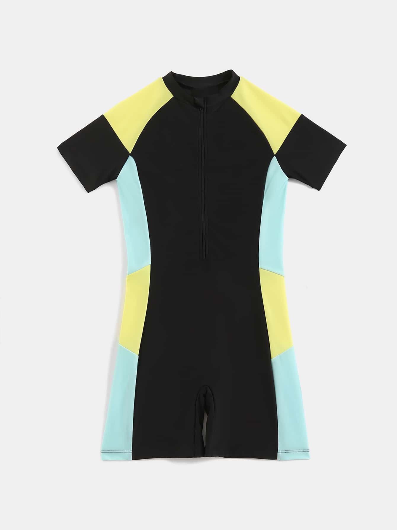 Chicos Bañador una pieza de color combinado con cremallera delantera - Negro - Ver 1