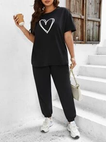 Calvaya Plus Heart Print Tee & Joggers - Black - View 1