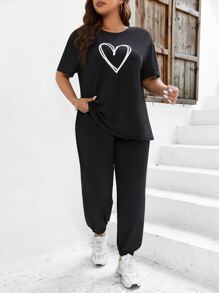 Calvaya Plus Heart Print Tee & Joggers - Black - View 3