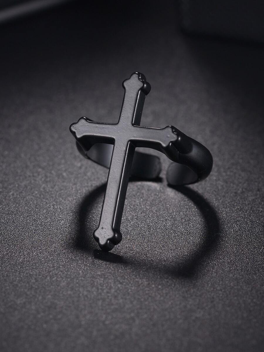 時尚流行男士合金十字裝飾袖口戒指適合珠寶禮物和時尚外觀 - 黑色 - 查看 1
