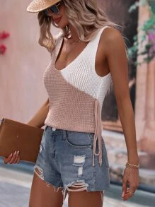 SHEIN LUNE Two Tone  Knot Side Knit Top