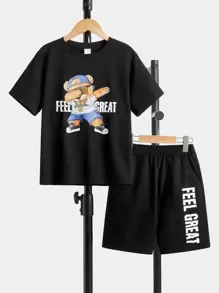 SHEIN 男孩熊和字母圖案T恤和短褲 - 黑色 - 查看 1