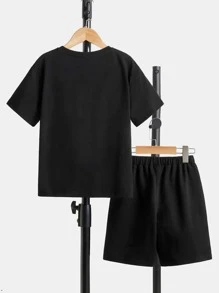 SHEIN 男孩熊和字母圖案T恤和短褲 - 黑色 - 查看 2