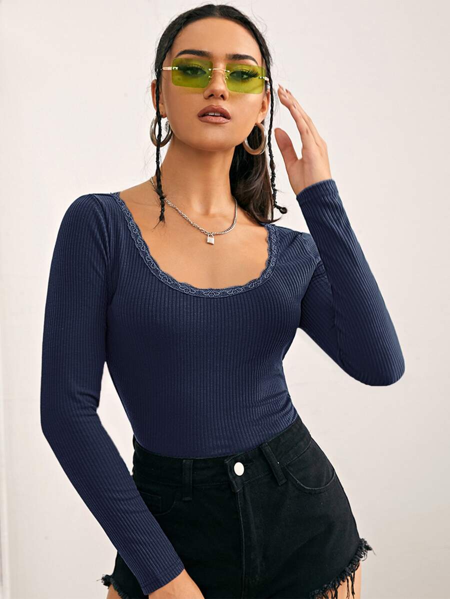 SHEIN Frenchy Lace Trim Scoop Neck Tee - Navy Blue - View 1