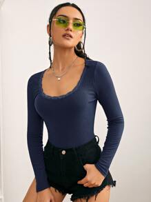 SHEIN Frenchy Lace Trim Scoop Neck Tee - Navy Blue - View 4