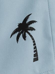 Manfinity VCAY 宽松男士椰子树印花抽绳腰短裤 - 霧霾藍 - 查看 4