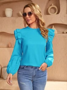 SHEIN Privé 荷葉邊燈籠袖襯衫 - 薄荷藍 - 查看 1