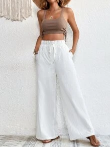 SHEIN VCAY High Waist Wide Leg Trousers - White - View 4